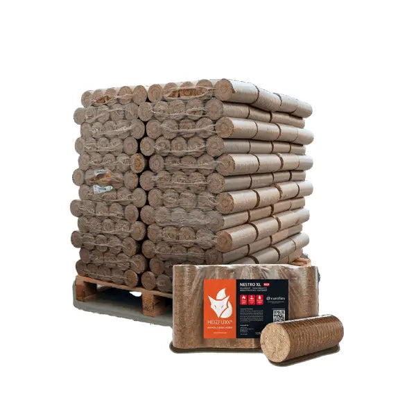 Heizfuxx Nestro XL Rot Hartholzbriketts – 960 kg Palette (96 x 10 kg) Hochverdichtete Holzbriketts für Kamin & Ofen Heizfuxx